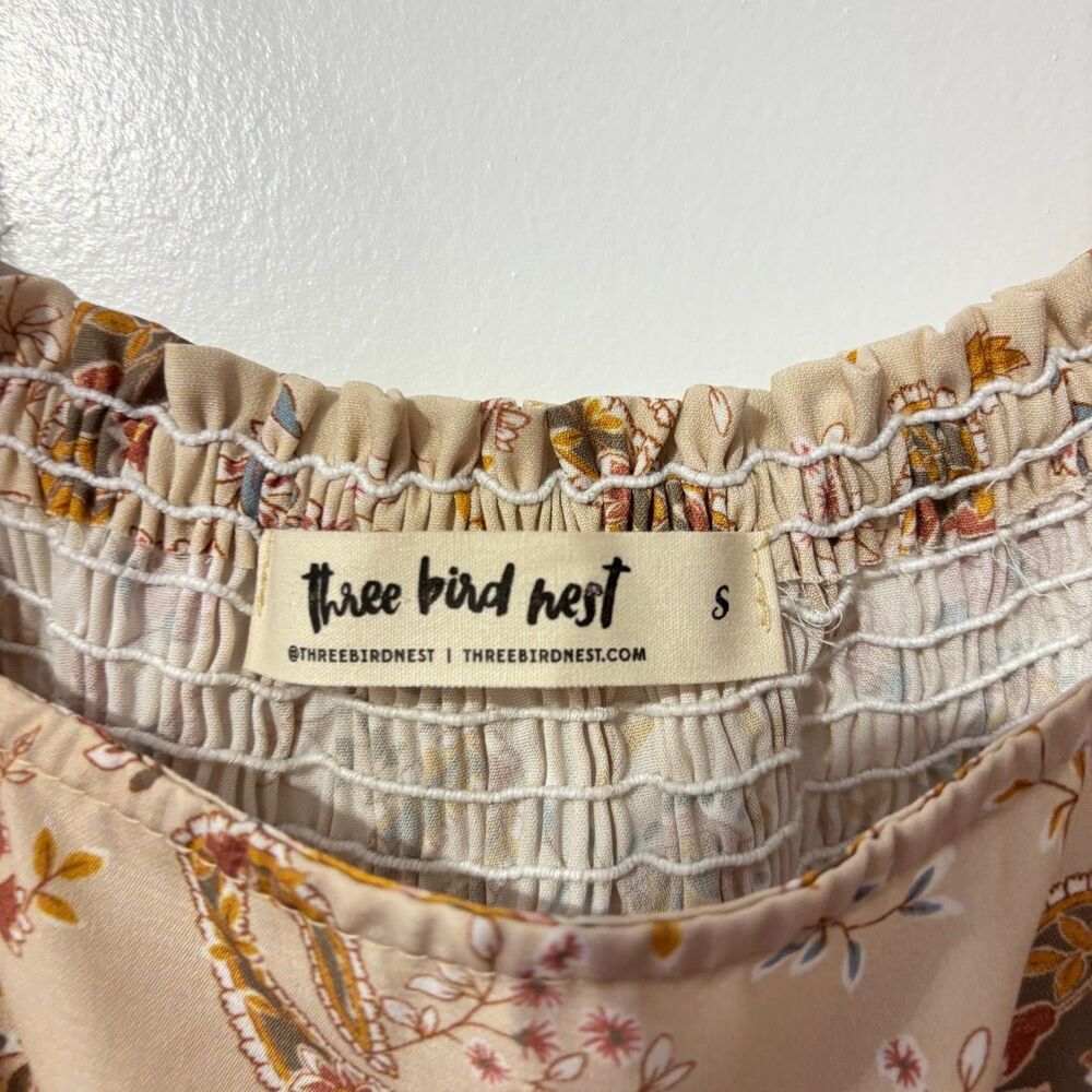 Three Bird Nest Jumpsuit Womens Small Beige Bohemian Paisley‎ Print Puff Sleeve - Picture 3 of 8